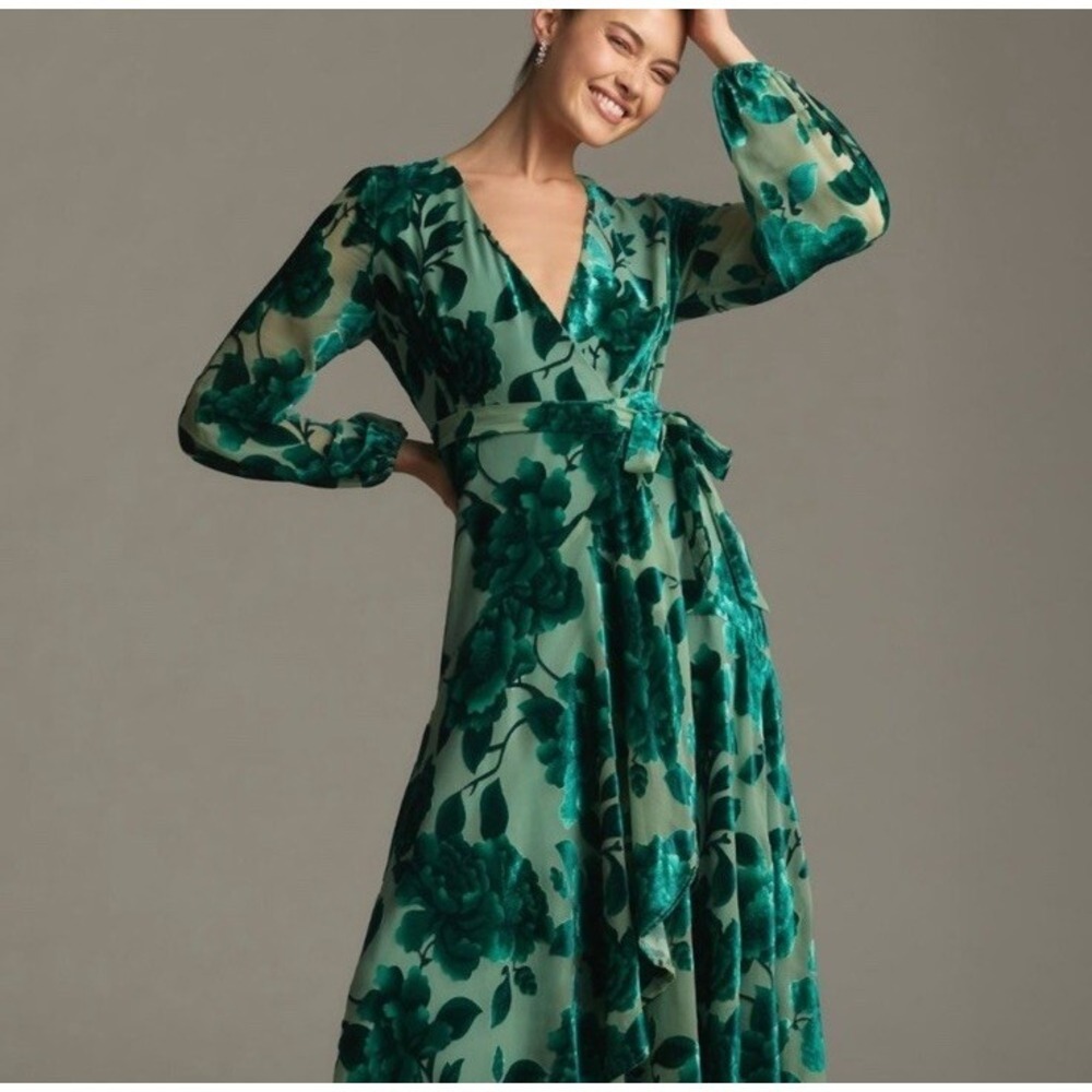 Anthropologie Hutch Wrap Midi Dress XS Green Floral Velvet Sheer Sleeves